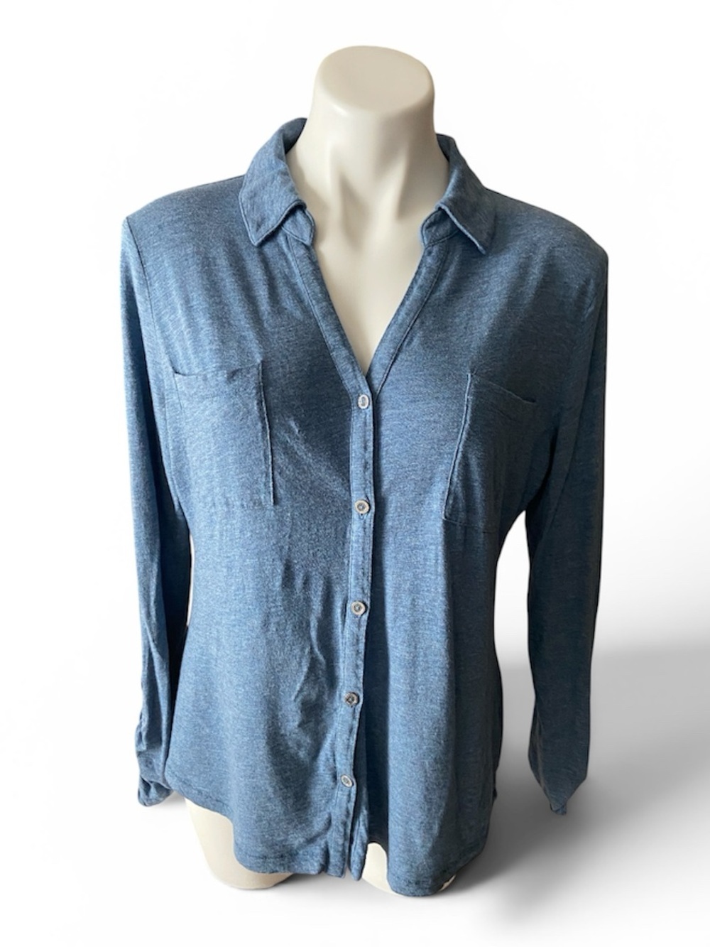 Liz Claiborne Women’s Blue Button-Up V Neck Cotton Modal Shirt Blouse Size XL